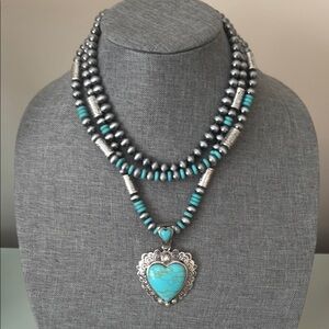 Silver and Turquoise Heart Pendant Necklace with Turquouse Heart Stud Earrings